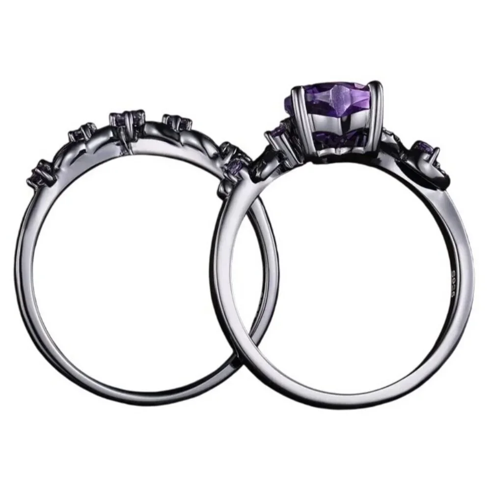Heart Cut Amethyst & Moissanite 2 piece engagement wedding ring set in rhodium
